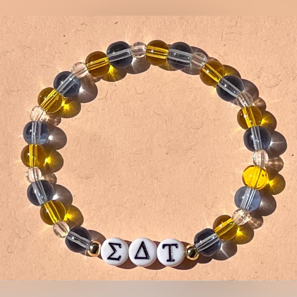 New Sigma Delta Tau Glass Bead Bracelet Clear Blue Gold with Greek Letters SDT